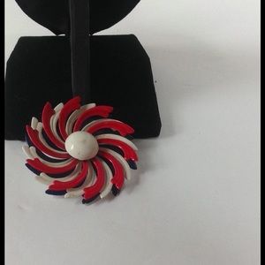 Vintage Red Brooch White Blue Swirl Enamel Pin